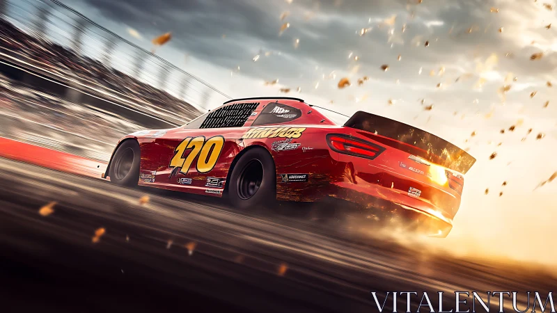 Red stock car powers through glowing sunset speedway turn.