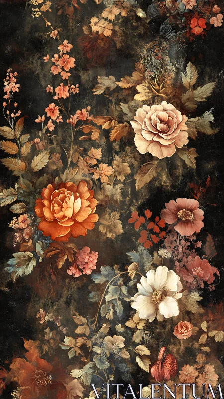 Opulent florals blooming against a textured dark ground.