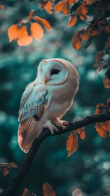 Barn owl perches on branch amid defocused foliage background