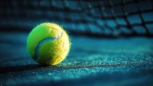 Lone tennis ball glowing beside net on shimmering blue court.