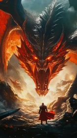 Volcanic dragon confrontation with armored warrior perspective.