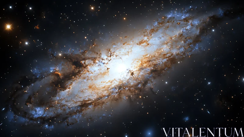 Edge-on spiral galaxy with bright core and dust lanes in space.