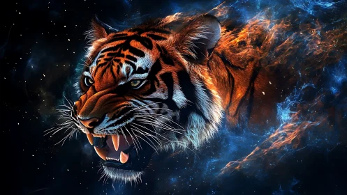Fiery cosmic tiger head roaring in vivid blue space.