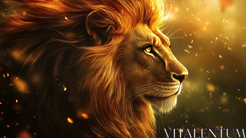 Sun-forged lion gazes into ember-dusted golden distance