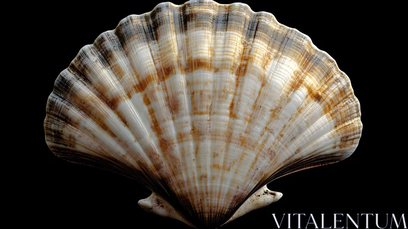 Detailed close-up of scallop seashell on black background, studio style.