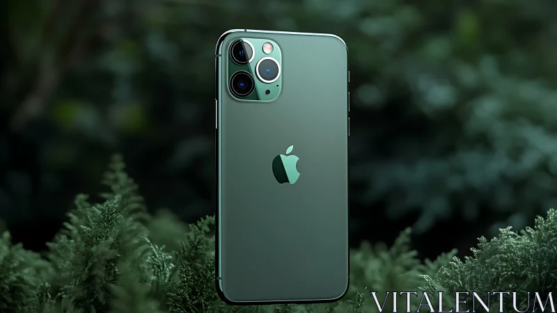 iPhone 11 Pro in Midnight Green positioned among green foliage