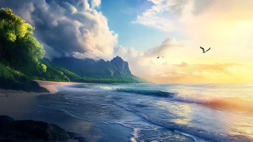 Tropical Coastline at Sunrise with Dramatic Sky and Mountain.