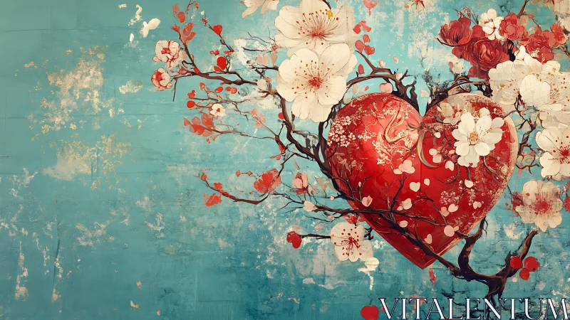 Heart-Shaped Tree with Cherry Blossoms on Turquoise Background