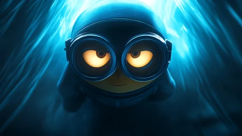 Goggled blue diver drifts through neon-tinted underwater hush.