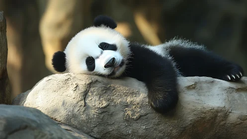 Drowsy baby panda drapes over sunlit stone sanctuary.