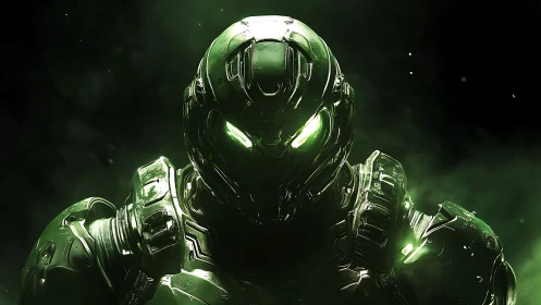 Bioluminescent exosuit sentinel in high-gloss combat armor.