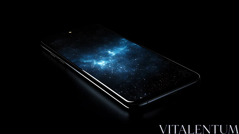 Photorealistic smartphone render with cosmic OLED display.