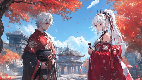 Autumn kimono duelists stand in a sunlit Japanese courtyard