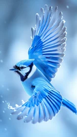 Crystalline Blue Jay in Flight Against Luminous Sky.