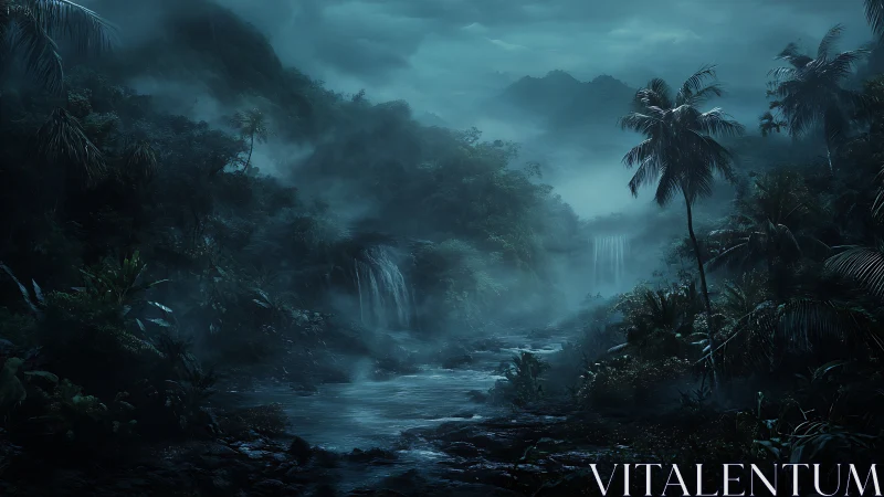 Mystical jungle waterfall shrouded in ethereal mist and moonlight.