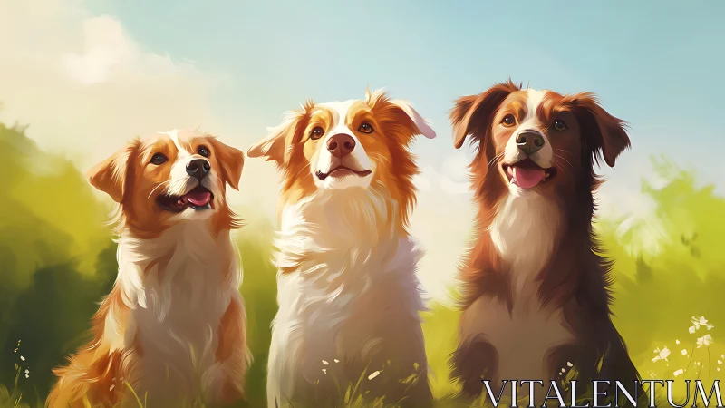 Three cheerful dogs sit in bright meadow sunlight