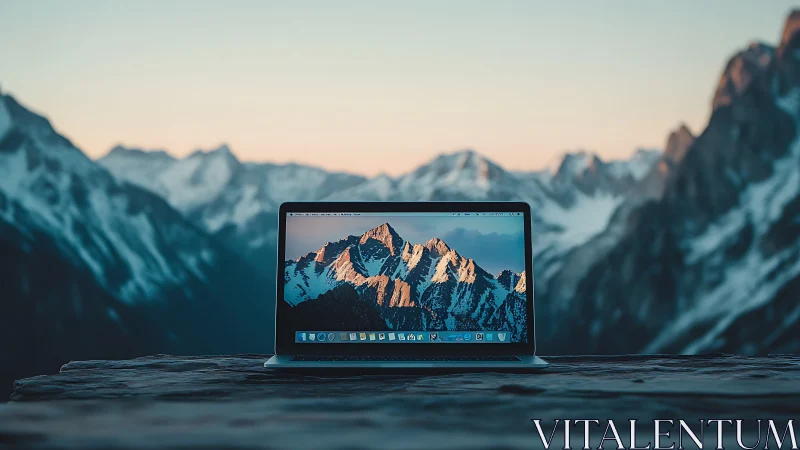 Laptop window opens to mirrored mountain dawn horizon.