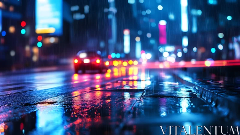 Rain-soaked urban roadway reflects defocused night traffic