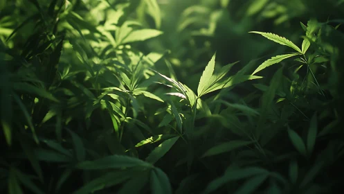 Sunlit cannabis leaves emerging from deep green shadows.