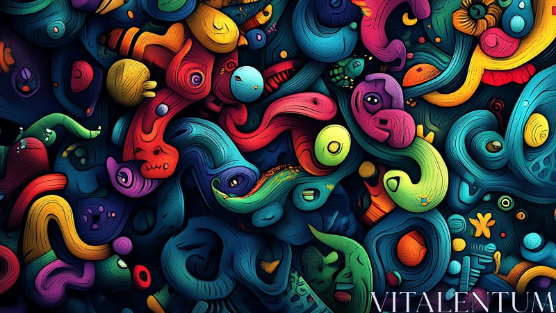 Layered abstract shapes in dense colorful composition.