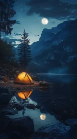 Luminous lakeside tent under moonlit alpine atmospheric gradient.