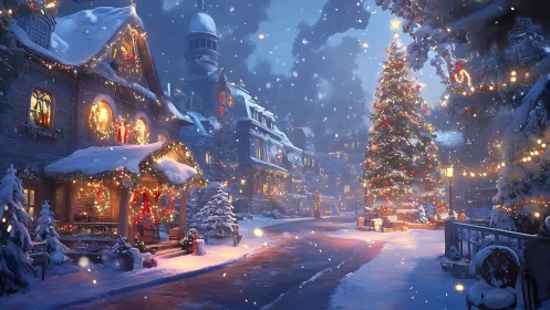 Snowy village street glowing with festive Christmas lights.