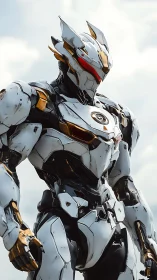 Armored humanoid mech stands under bright overcast sky