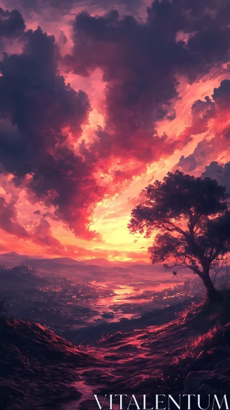 Skyfire river valley under a watching lone tree at dusk.