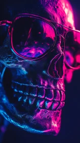 Human skull with eyeglasses under neon magenta and blue light.