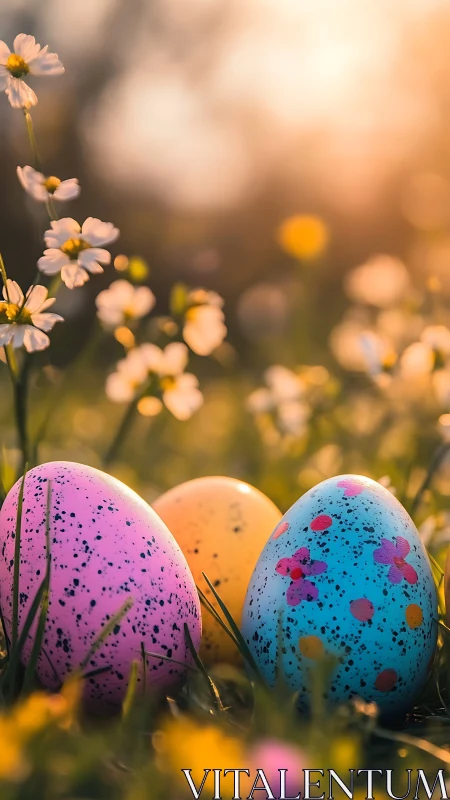 Speckled painted eggs in grass with small white flowers.