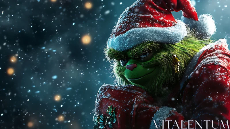 Green furred character in red Santa outfit stands in snowfall