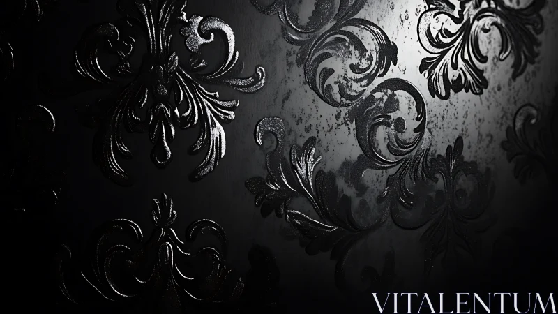 Glossy black baroque damask pattern on dark surface.