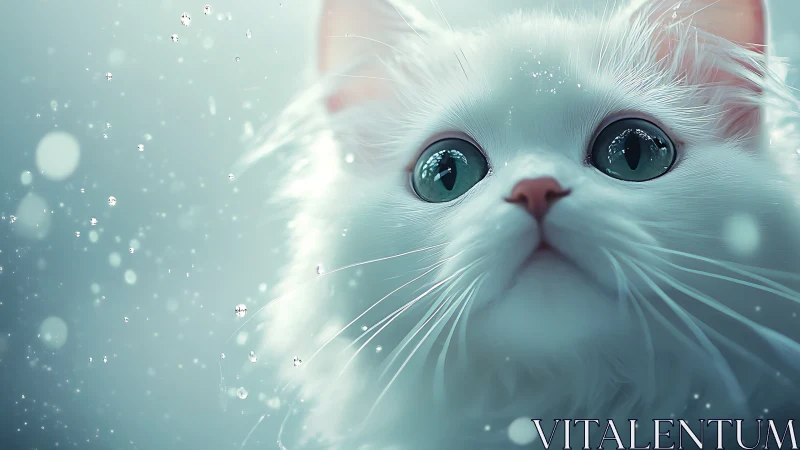 White cat with large turquoise eyes gazes directly upward
