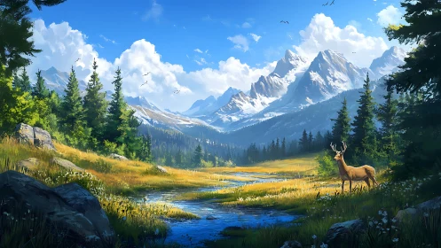 Deer by alpine river under stratified cloud and light dynamics.