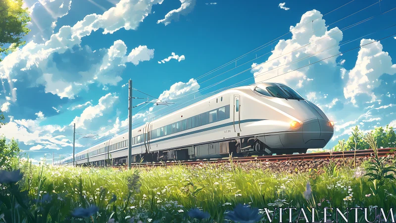 High speed electric train passes through sunny countryside