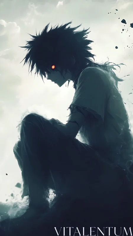 Silhouetted seated figure with red glowing eye in mist