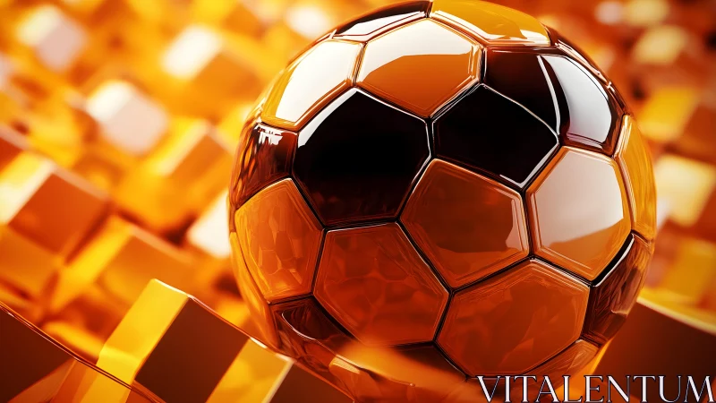 Golden glass soccer ball gleams among abstract blocks.