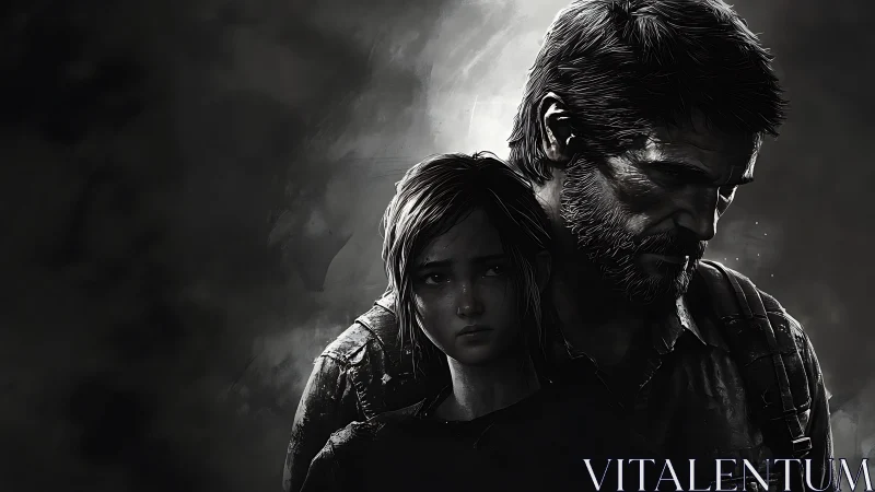 Monochrome digital painting of two figures in dramatic chiaroscuro.