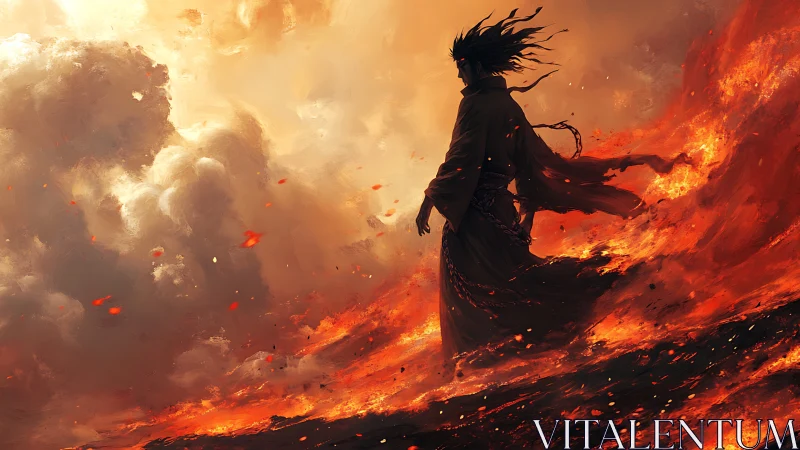 Lone robed figure walking through swirling firestorm clouds.