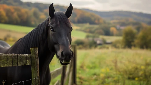 Black horse stands by wooden fence in rural landscape