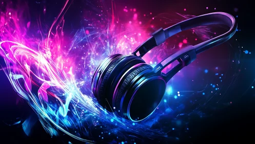 Neon headphone soundfield in dynamic digital painting style.