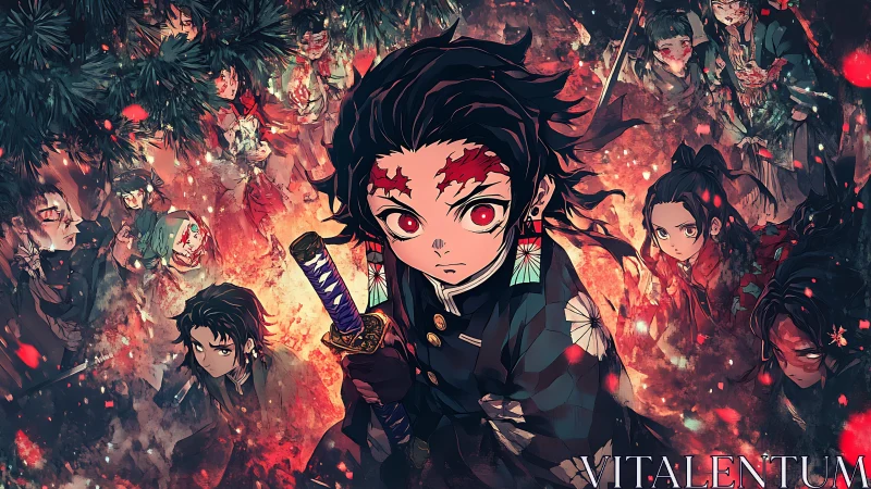 Fiery anime sword warrior confronts destiny amid swirling allies