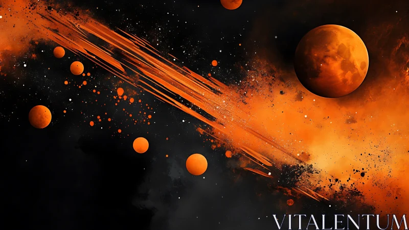 Ember planets streak across a shattered cosmic dusk sky.