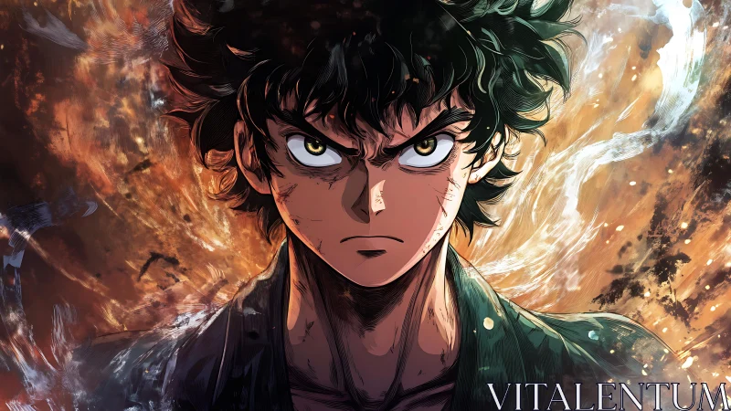 Intense anime combatant amid turbulent energy field portrait.