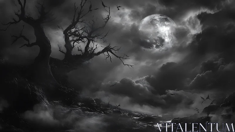 Moody moonlit landscape with twisted trees and drifting mist.