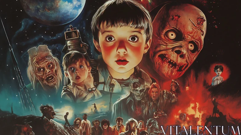 Collage of children, undead figures and space backdrop imagery.