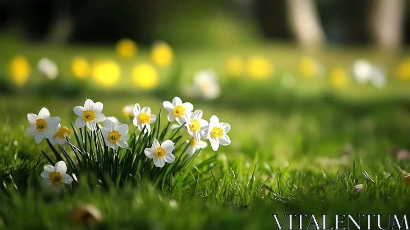 Daffodils in Morning Bloom Against Verdant Field.