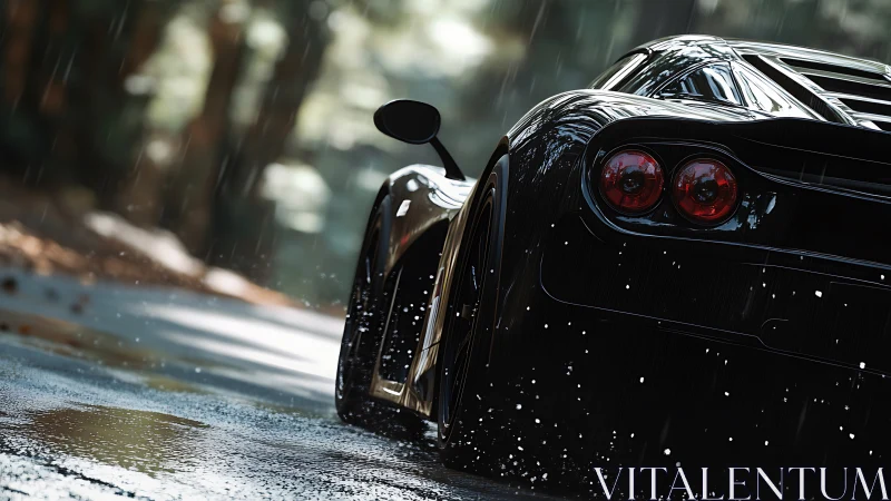 Black supercar slicing through rainy forest road scene.