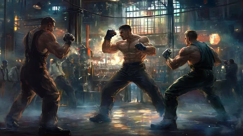 Underground fighters clash in neon-lit warehouse combat
