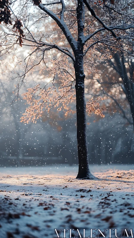 Silent winter tree glowing softly in falling morning snow.